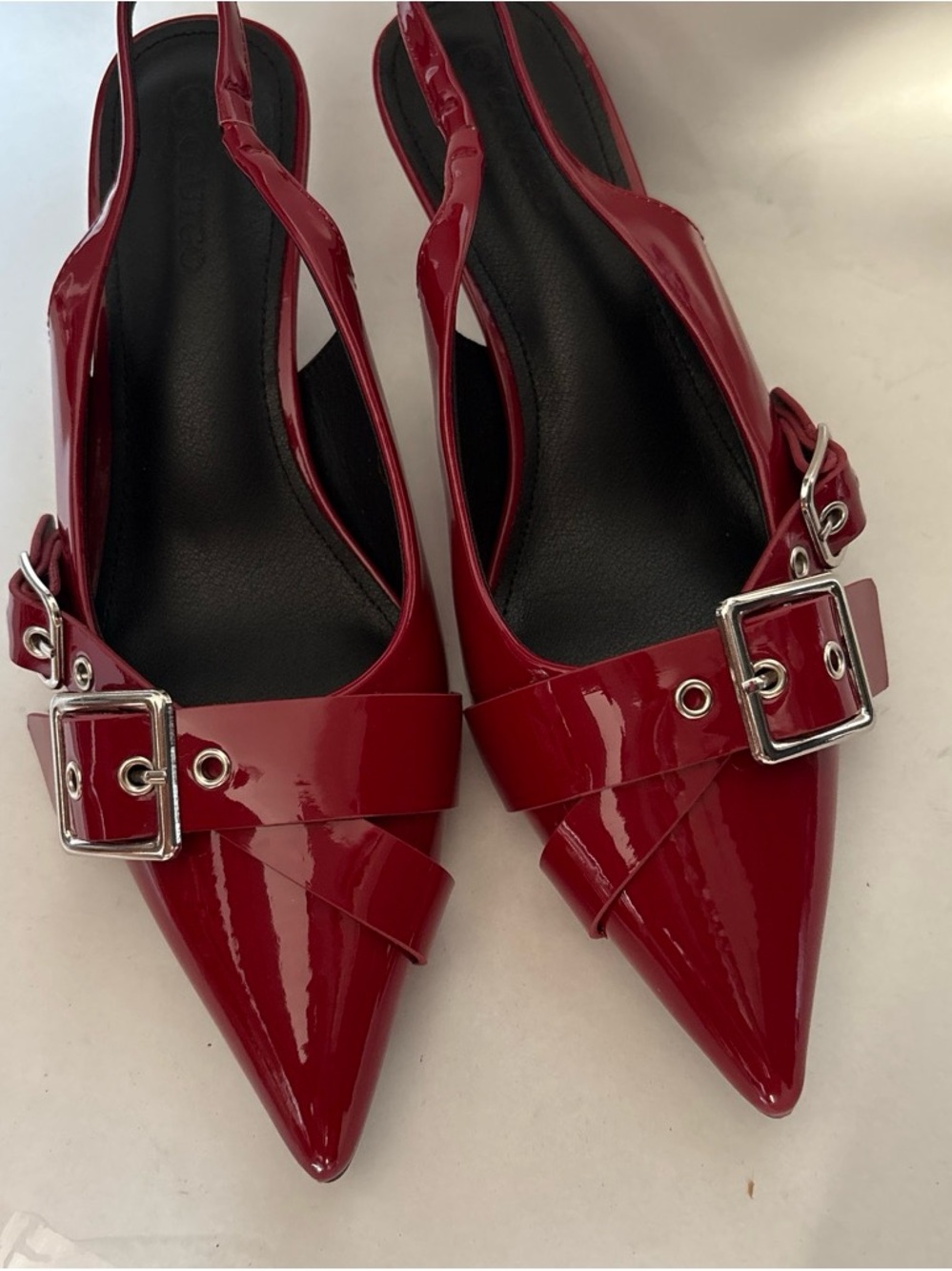 Patent Pointed-Toe Slingback Mules in Red with Buckle Detail